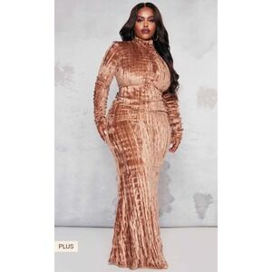 PrettyLittleThing Plus Camel Crushed Velvet Mock Neck Ruched Sleeve Maxi Dress